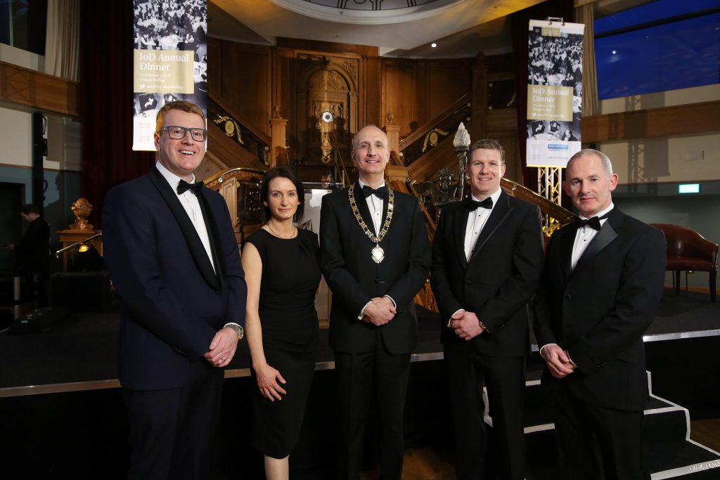 Pictured at the Institute of Directors Northern Ireland (IoD NI) Annual Dinner held at Titanic Belfast, centre, Ian Sheppard, IoD NI Chairman with from left, Stephen Martin, IoD Director General; Catriona Gibson, Managing Partner of associate sponsor Arthur Cox; Dale Guest, Director Corporate Banking Northern Ireland at main sponsor Bank of Ireland UK and Mark Logan, former Skyscanner COO.