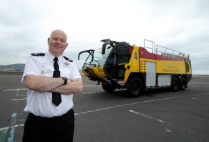 Seamus Mac Mahon, Chief Fire Officer at George Best Belfast City Airport Fire & Rescue Service marks the arrival of the first £1m fire appliance to the airport.