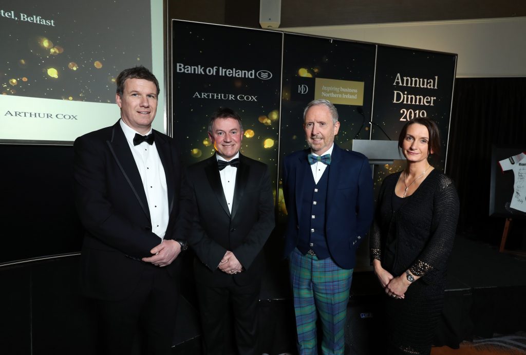 Pictured at the Institute of Directors Northern Ireland (IoD NI) Annual Dinner held at the Crowne Plaza Hotel, Belfast, from left: Dale Guest, Director Corporate Banking Northern Ireland at main sponsor Bank of Ireland UK, Gordon Milligan, IoD NI Chairman, guest speaker Martin McCourt, Chairman of Glen Dimplex and Catriona Gibson, Managing Partner of associate sponsor Arthur Cox. The event, which was attended by more than 400 guests heard a warning that Northern Ireland should not be allowed to ‘sleep walk into a no deal Brexit’, as the clock runs down on negotiations.
